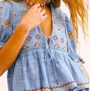 Free People Embroidered Shambray Tie Top Size XS